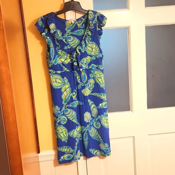 Lilly Pulitzer "Fallin' in Love" Blue & Green Dress w/ Ruffled Neckline Size M - Picture 1 of 9
